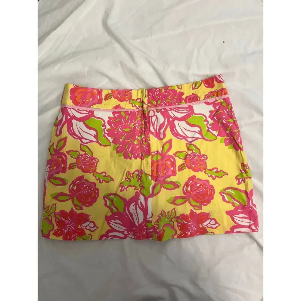 Lilly Pulitzer Yellow Pink Tropical Floral Mini Skirt Skort Sz 4 GS